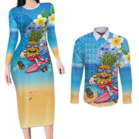 Hawaiian Funny Pineapple Surfing Couples Matching Long Sleeve Bodycon Dress and Long Sleeve Button Shirt Beach with Tribal Kakau and Plumeria