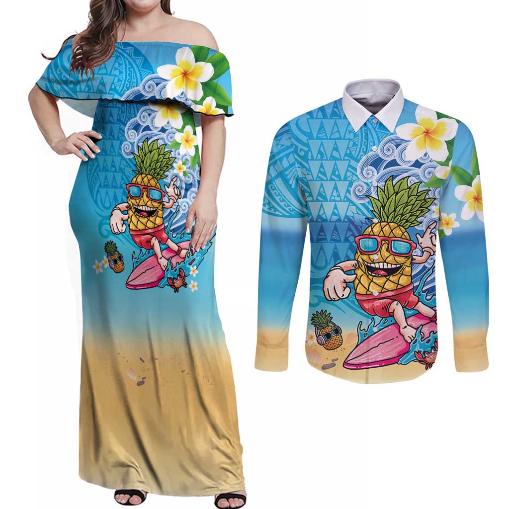 Hawaiian Funny Pineapple Surfing Couples Matching Off Shoulder Maxi Dress and Long Sleeve Button Shirt Beach with Tribal Kakau and Plumeria