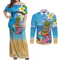 Hawaiian Funny Pineapple Surfing Couples Matching Off Shoulder Maxi Dress and Long Sleeve Button Shirt Beach with Tribal Kakau and Plumeria