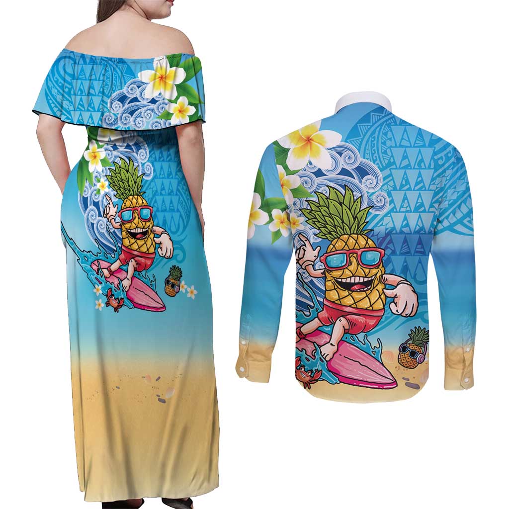 Hawaiian Funny Pineapple Surfing Couples Matching Off Shoulder Maxi Dress and Long Sleeve Button Shirt Beach with Tribal Kakau and Plumeria
