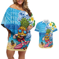 Hawaiian Funny Pineapple Surfing Couples Matching Off Shoulder Short Dress and Hawaiian Shirt Beach with Tribal Kakau and Plumeria
