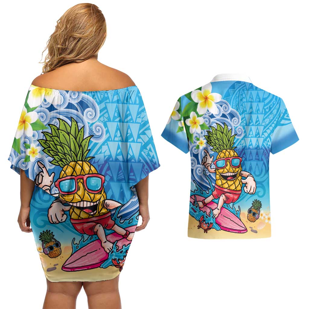 Hawaiian Funny Pineapple Surfing Couples Matching Off Shoulder Short Dress and Hawaiian Shirt Beach with Tribal Kakau and Plumeria