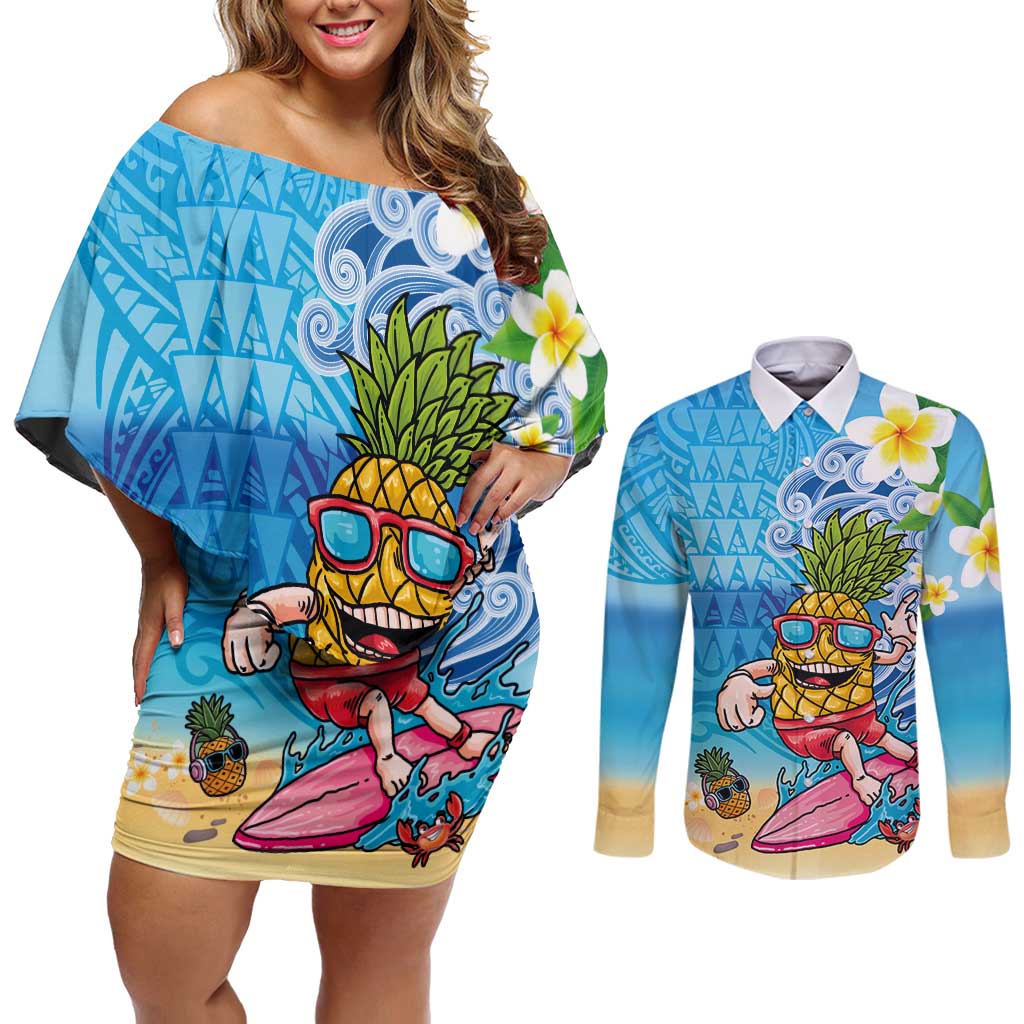 Hawaiian Funny Pineapple Surfing Couples Matching Off Shoulder Short Dress and Long Sleeve Button Shirt Beach with Tribal Kakau and Plumeria