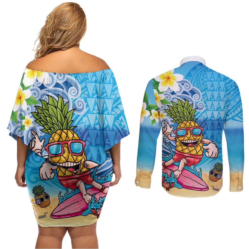 Hawaiian Funny Pineapple Surfing Couples Matching Off Shoulder Short Dress and Long Sleeve Button Shirt Beach with Tribal Kakau and Plumeria