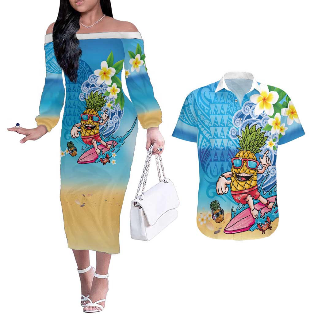 Hawaiian Funny Pineapple Surfing Couples Matching Off The Shoulder Long Sleeve Dress and Hawaiian Shirt Beach with Tribal Kakau and Plumeria