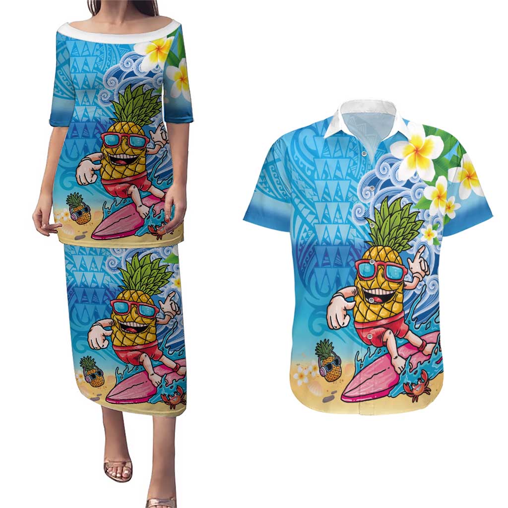 Hawaiian Funny Pineapple Surfing Couples Matching Puletasi and Hawaiian Shirt Beach with Tribal Kakau and Plumeria