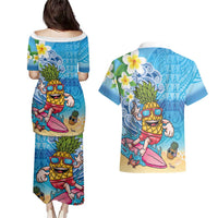 Hawaiian Funny Pineapple Surfing Couples Matching Puletasi and Hawaiian Shirt Beach with Tribal Kakau and Plumeria
