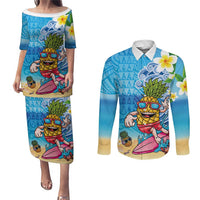 Hawaiian Funny Pineapple Surfing Couples Matching Puletasi and Long Sleeve Button Shirt Beach with Tribal Kakau and Plumeria