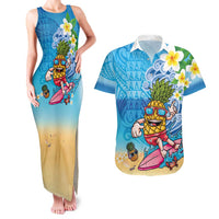 Hawaiian Funny Pineapple Surfing Couples Matching Tank Maxi Dress and Hawaiian Shirt Beach with Tribal Kakau and Plumeria