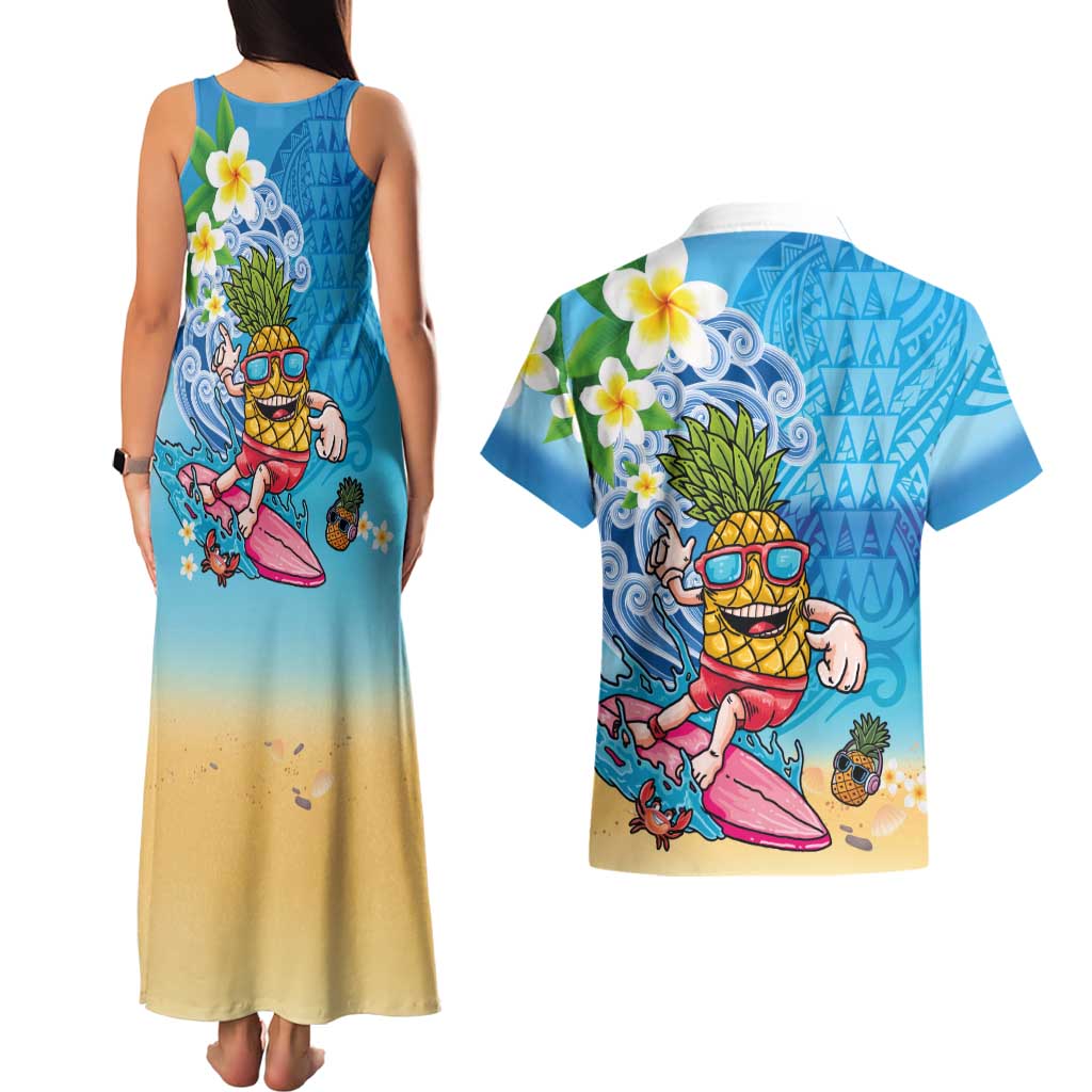 Hawaiian Funny Pineapple Surfing Couples Matching Tank Maxi Dress and Hawaiian Shirt Beach with Tribal Kakau and Plumeria