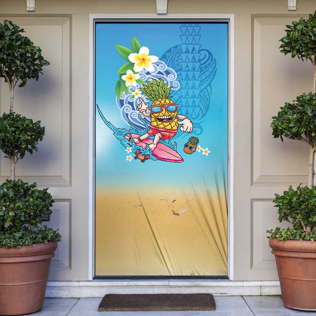 Hawaiian Funny Pineapple Surfing Door Cover Beach with Tribal Kakau and Plumeria