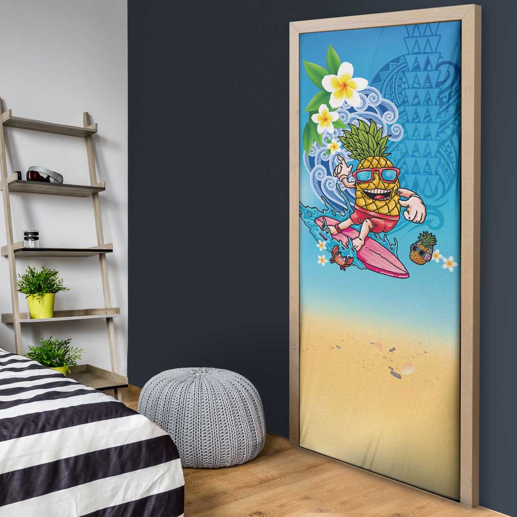 Hawaiian Funny Pineapple Surfing Door Cover Beach with Tribal Kakau and Plumeria