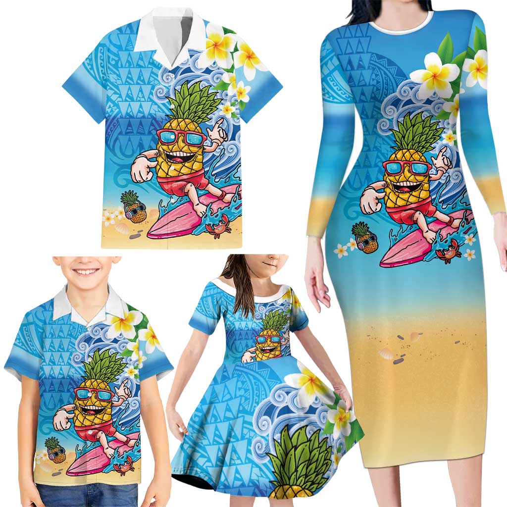 Hawaiian Funny Pineapple Surfing Family Matching Long Sleeve Bodycon Dress and Hawaiian Shirt Beach with Tribal Kakau and Plumeria