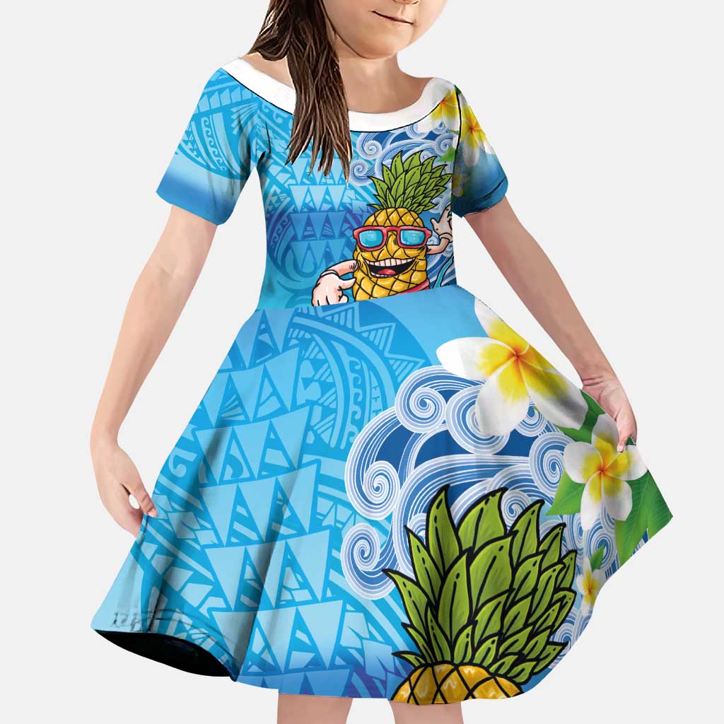 Hawaiian Funny Pineapple Surfing Family Matching Off The Shoulder Long Sleeve Dress and Hawaiian Shirt Beach with Tribal Kakau and Plumeria LT03 Daughter's Dress Multicolor - Polynesian Pride