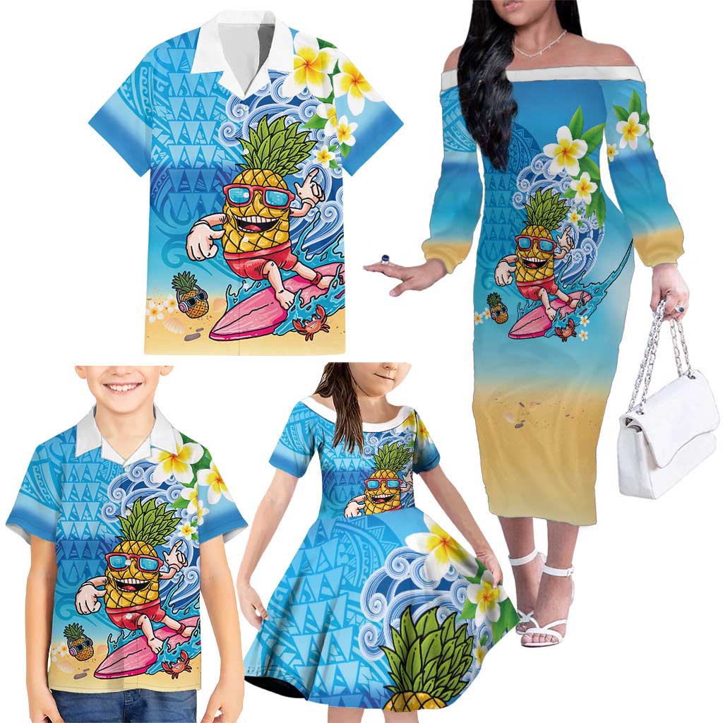Hawaiian Funny Pineapple Surfing Family Matching Off The Shoulder Long Sleeve Dress and Hawaiian Shirt Beach with Tribal Kakau and Plumeria LT03 - Polynesian Pride