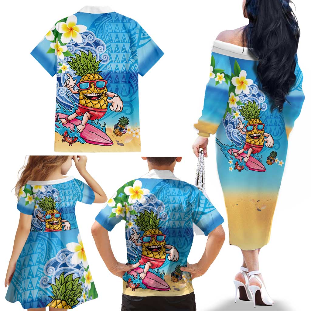 Hawaiian Funny Pineapple Surfing Family Matching Off The Shoulder Long Sleeve Dress and Hawaiian Shirt Beach with Tribal Kakau and Plumeria LT03 - Polynesian Pride
