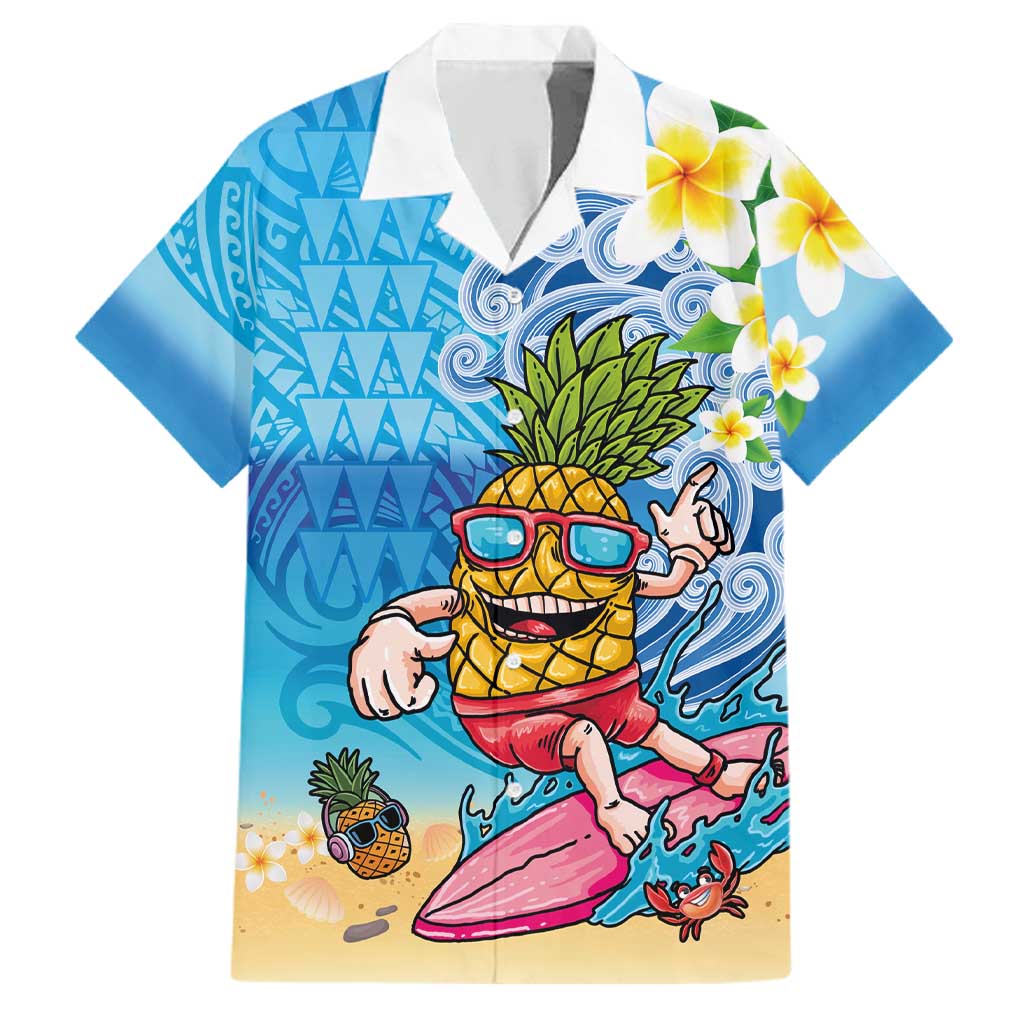 Hawaiian Funny Pineapple Surfing Family Matching Off The Shoulder Long Sleeve Dress and Hawaiian Shirt Beach with Tribal Kakau and Plumeria LT03 Dad's Shirt - Short Sleeve Multicolor - Polynesian Pride