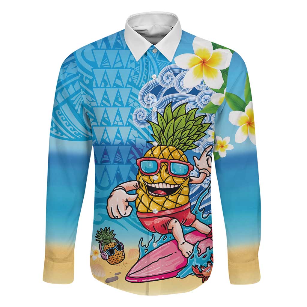 Hawaiian Funny Pineapple Surfing Family Matching Off The Shoulder Long Sleeve Dress and Hawaiian Shirt Beach with Tribal Kakau and Plumeria LT03 Dad's Shirt - Long Sleeve Multicolor - Polynesian Pride