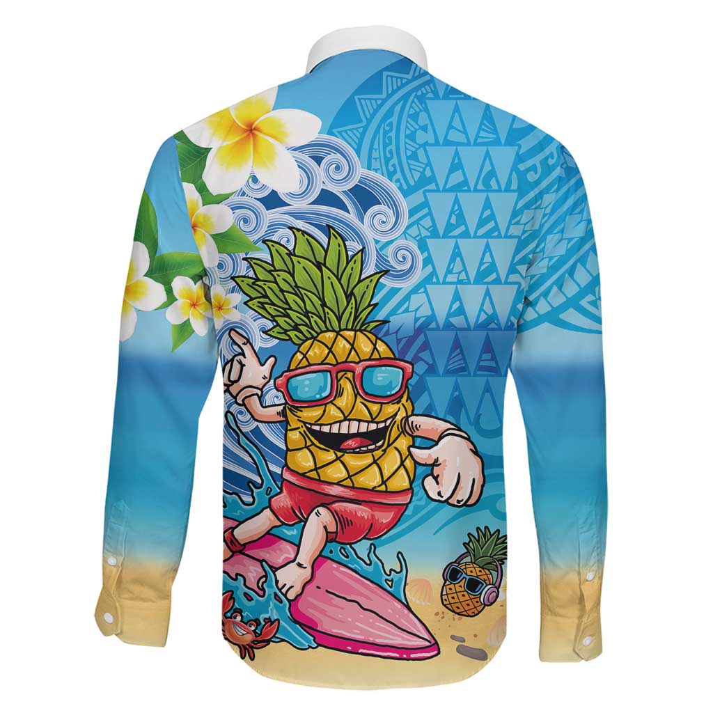 Hawaiian Funny Pineapple Surfing Family Matching Off The Shoulder Long Sleeve Dress and Hawaiian Shirt Beach with Tribal Kakau and Plumeria LT03 - Polynesian Pride