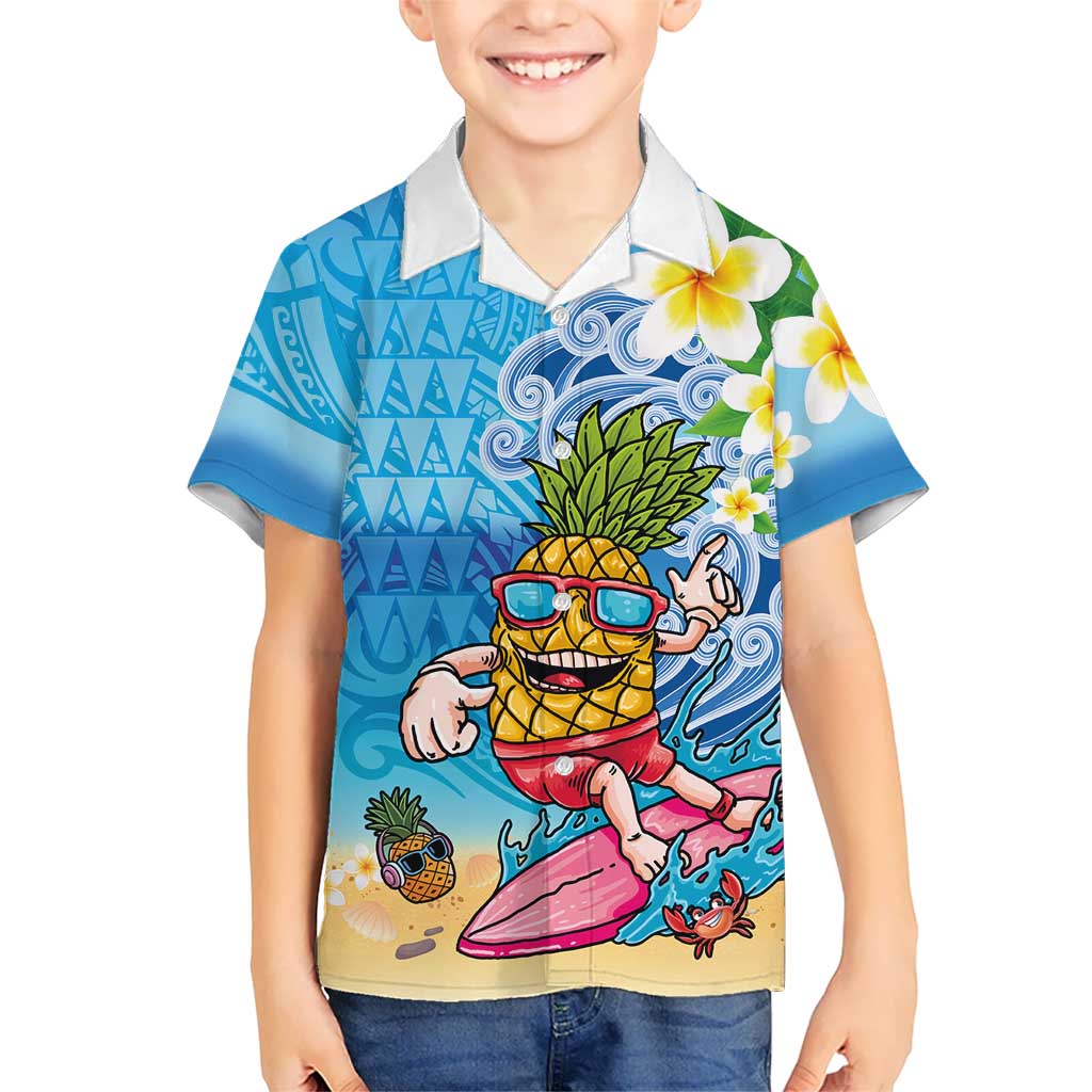 Hawaiian Funny Pineapple Surfing Family Matching Off The Shoulder Long Sleeve Dress and Hawaiian Shirt Beach with Tribal Kakau and Plumeria LT03 Son's Shirt Multicolor - Polynesian Pride