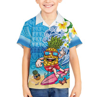 Hawaiian Funny Pineapple Surfing Family Matching Off The Shoulder Long Sleeve Dress and Hawaiian Shirt Beach with Tribal Kakau and Plumeria LT03 Son's Shirt Multicolor - Polynesian Pride