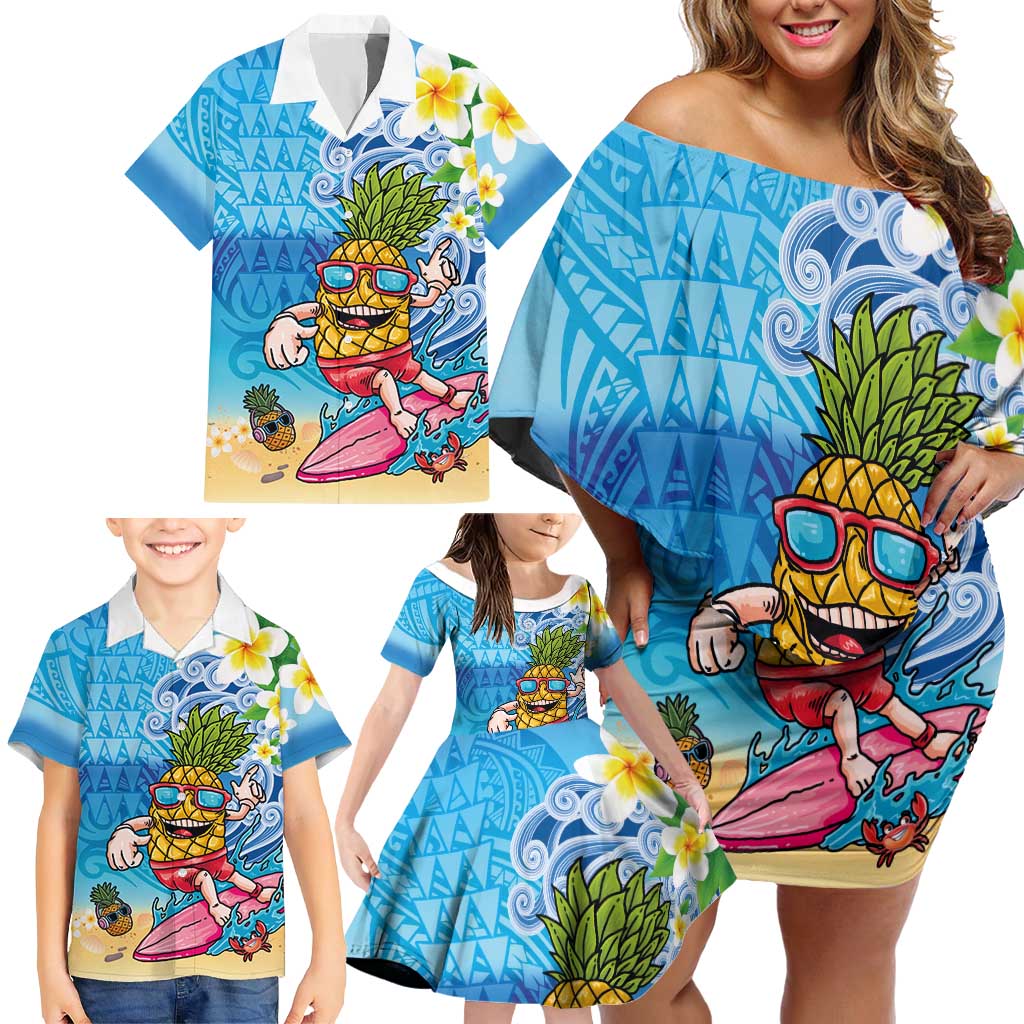Hawaiian Funny Pineapple Surfing Family Matching Off Shoulder Short Dress and Hawaiian Shirt Beach with Tribal Kakau and Plumeria