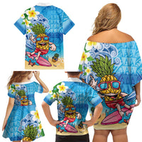 Hawaiian Funny Pineapple Surfing Family Matching Off Shoulder Short Dress and Hawaiian Shirt Beach with Tribal Kakau and Plumeria