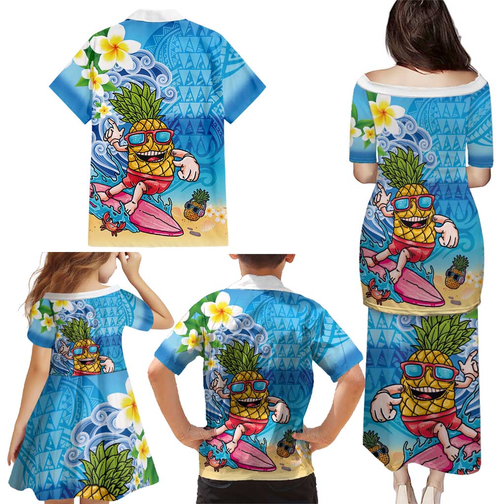 Hawaiian Funny Pineapple Surfing Family Matching Puletasi and Hawaiian Shirt Beach with Tribal Kakau and Plumeria