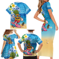 Hawaiian Funny Pineapple Surfing Family Matching Short Sleeve Bodycon Dress and Hawaiian Shirt Beach with Tribal Kakau and Plumeria