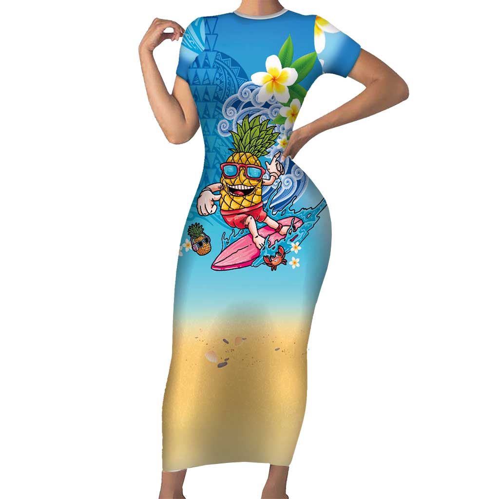 Hawaiian Funny Pineapple Surfing Family Matching Short Sleeve Bodycon Dress and Hawaiian Shirt Beach with Tribal Kakau and Plumeria