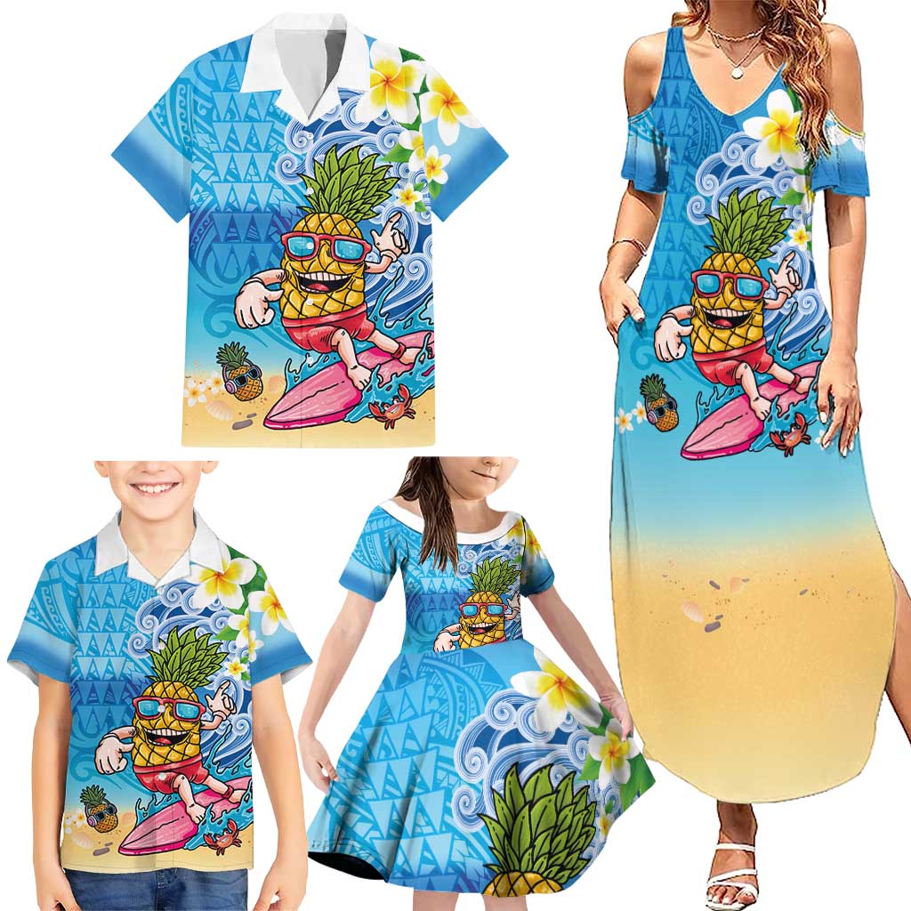 Hawaiian Funny Pineapple Surfing Family Matching Summer Maxi Dress and Hawaiian Shirt Beach with Tribal Kakau and Plumeria
