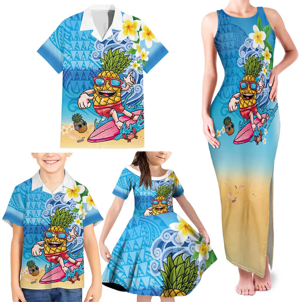 Hawaiian Funny Pineapple Surfing Family Matching Tank Maxi Dress and Hawaiian Shirt Beach with Tribal Kakau and Plumeria