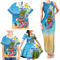 Hawaiian Funny Pineapple Surfing Family Matching Tank Maxi Dress and Hawaiian Shirt Beach with Tribal Kakau and Plumeria