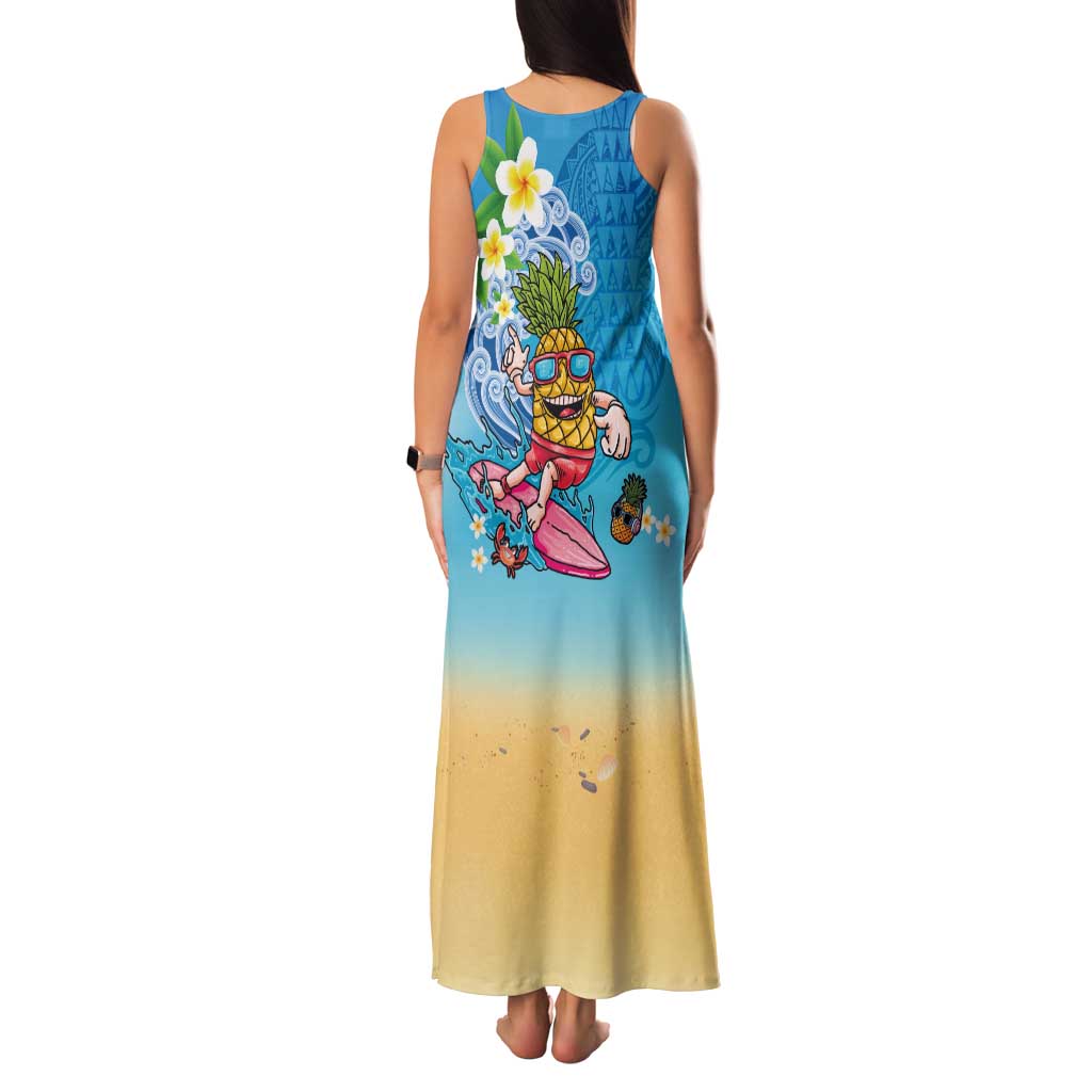 Hawaiian Funny Pineapple Surfing Family Matching Tank Maxi Dress and Hawaiian Shirt Beach with Tribal Kakau and Plumeria