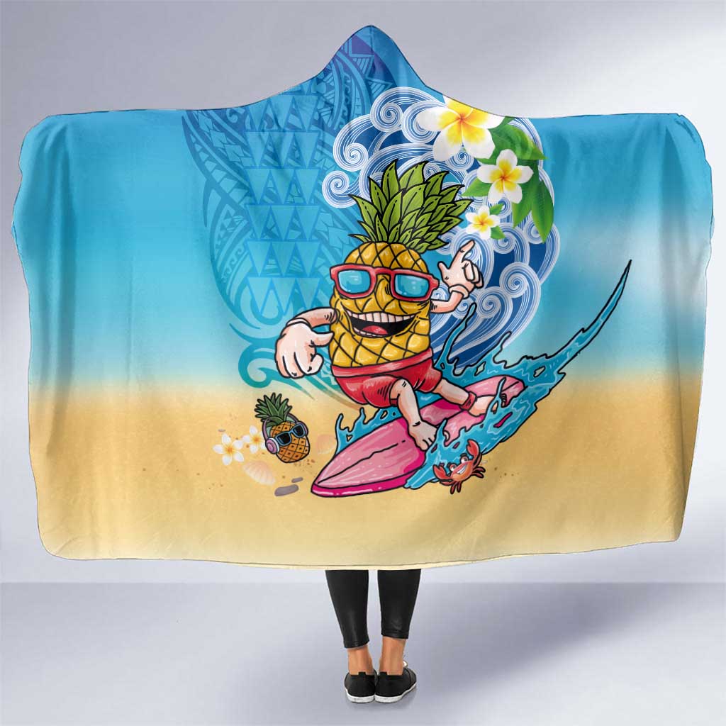 Hawaiian Funny Pineapple Surfing Hooded Blanket Beach with Tribal Kakau and Plumeria