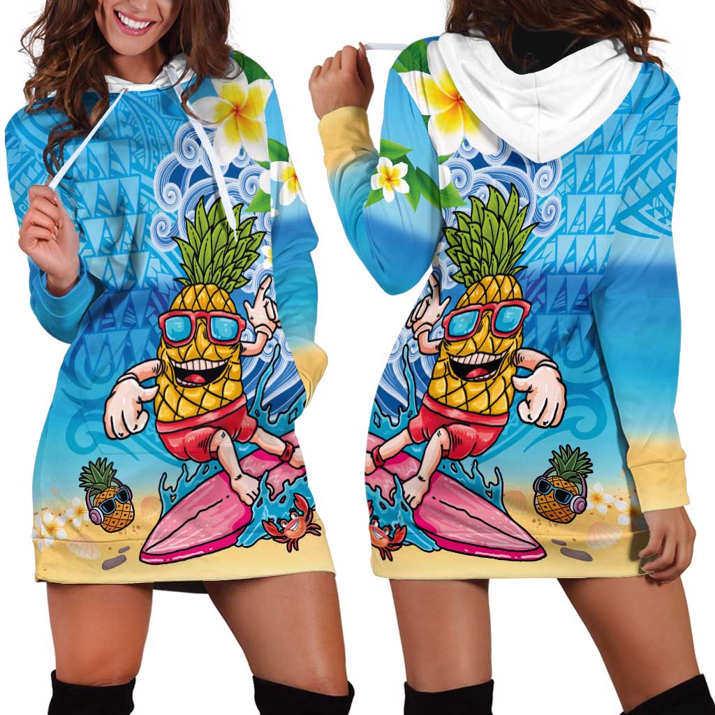 Hawaiian Funny Pineapple Surfing Hoodie Dress Beach with Tribal Kakau and Plumeria