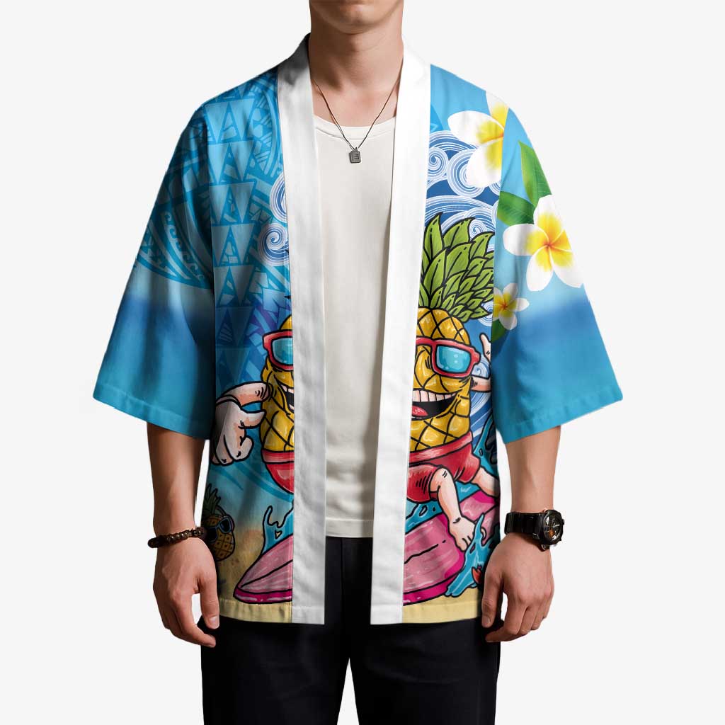 Hawaiian Funny Pineapple Surfing Kimono Beach with Tribal Kakau and Plumeria