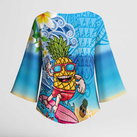 Hawaiian Funny Pineapple Surfing Kimono Sleeve Blouse Beach with Tribal Kakau and Plumeria