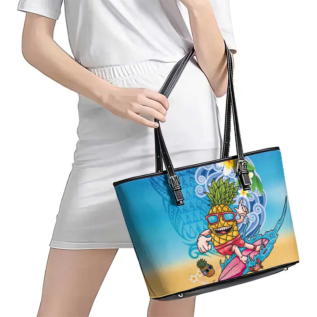 Hawaiian Funny Pineapple Surfing Leather Tote Bag Beach with Tribal Kakau and Plumeria