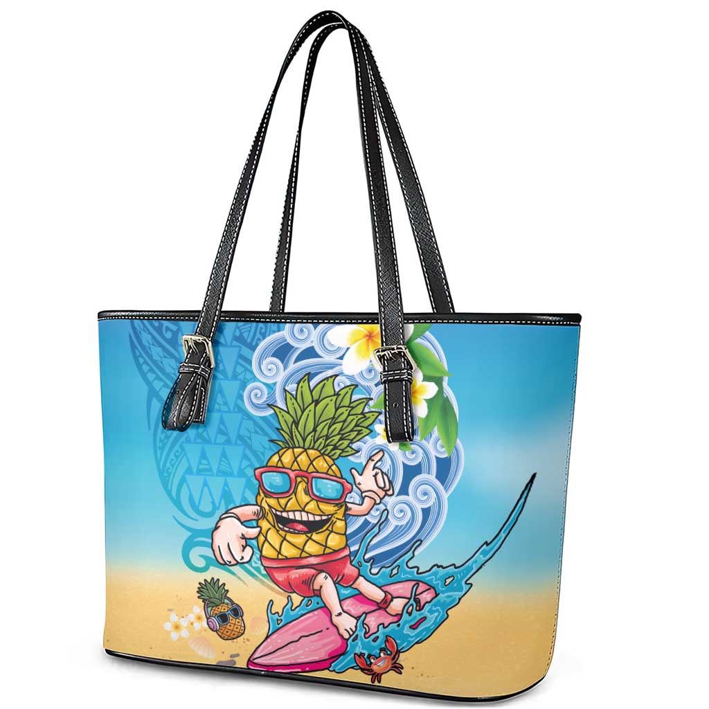 Hawaiian Funny Pineapple Surfing Leather Tote Bag Beach with Tribal Kakau and Plumeria