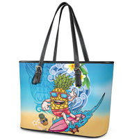 Hawaiian Funny Pineapple Surfing Leather Tote Bag Beach with Tribal Kakau and Plumeria