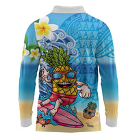 Hawaiian Funny Pineapple Surfing Long Sleeve Polo Shirt Beach with Tribal Kakau and Plumeria