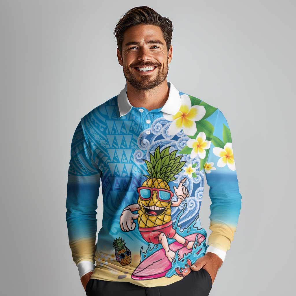 Hawaiian Funny Pineapple Surfing Long Sleeve Polo Shirt Beach with Tribal Kakau and Plumeria