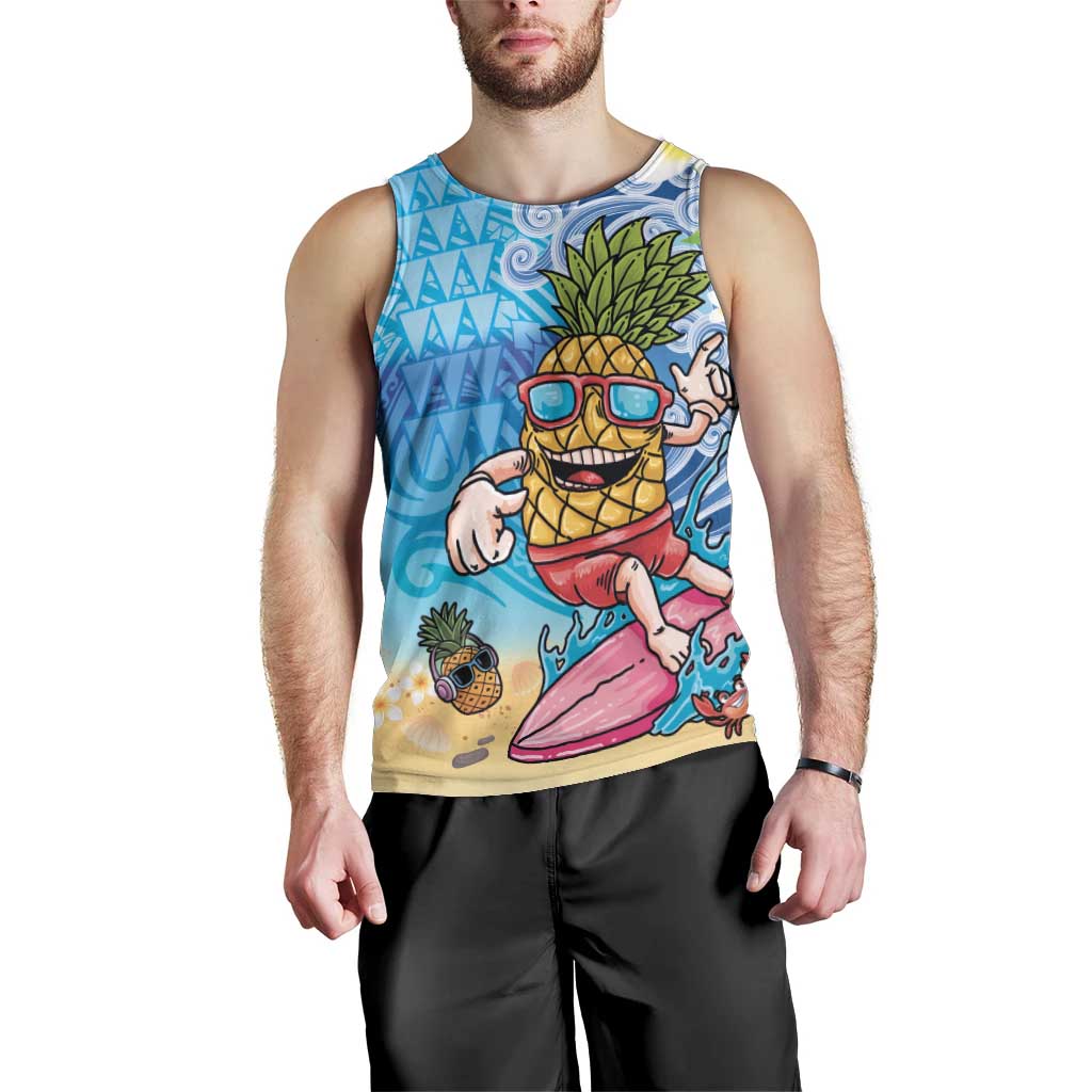 Hawaiian Funny Pineapple Surfing Men Tank Top Beach with Tribal Kakau and Plumeria