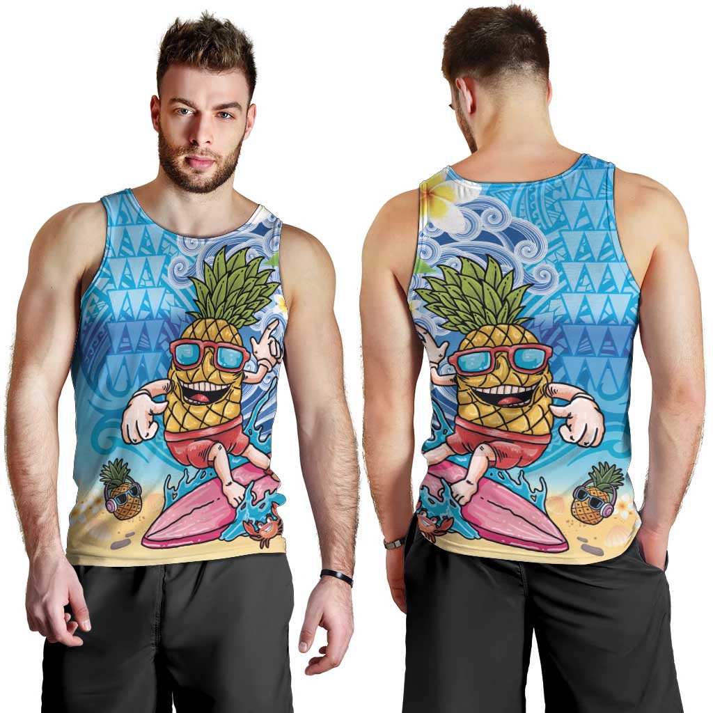 Hawaiian Funny Pineapple Surfing Men Tank Top Beach with Tribal Kakau and Plumeria