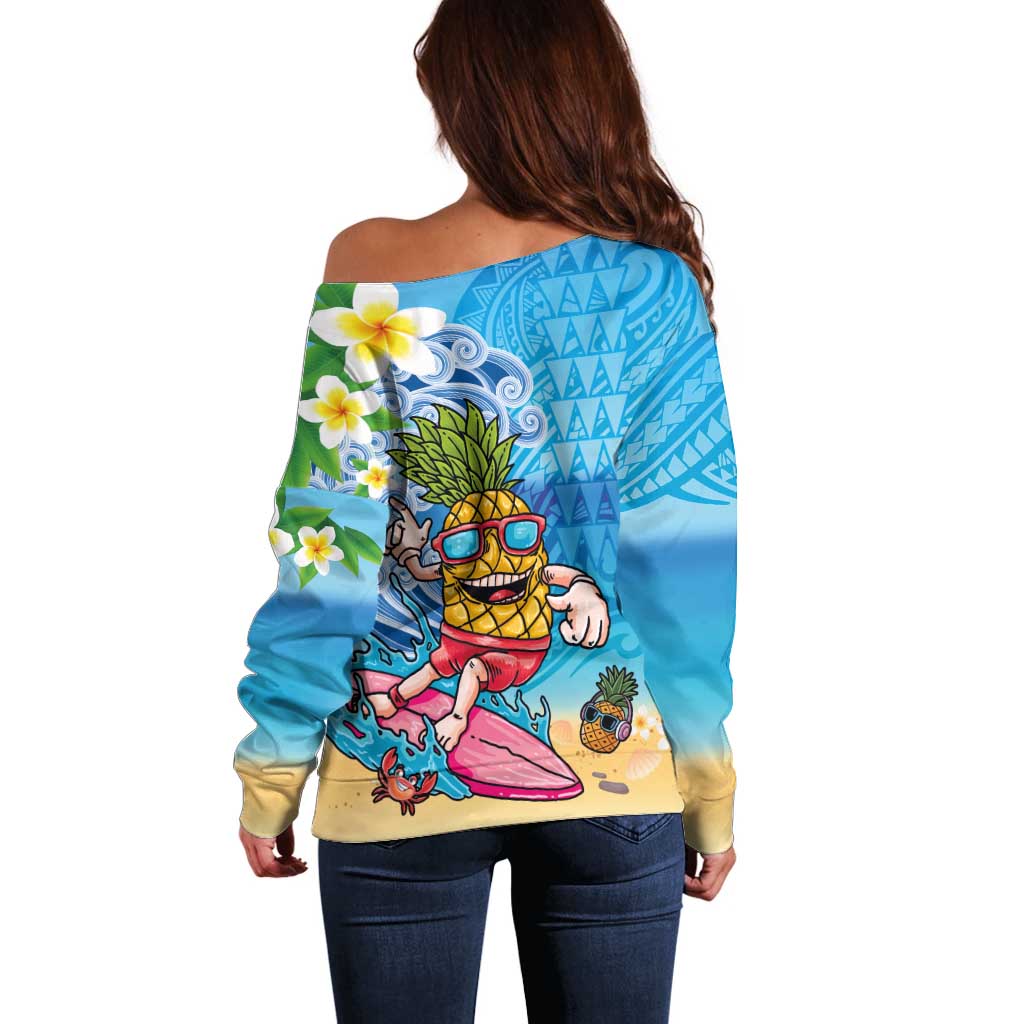 Hawaiian Funny Pineapple Surfing Off Shoulder Sweater Beach with Tribal Kakau and Plumeria LT03 - Polynesian Pride