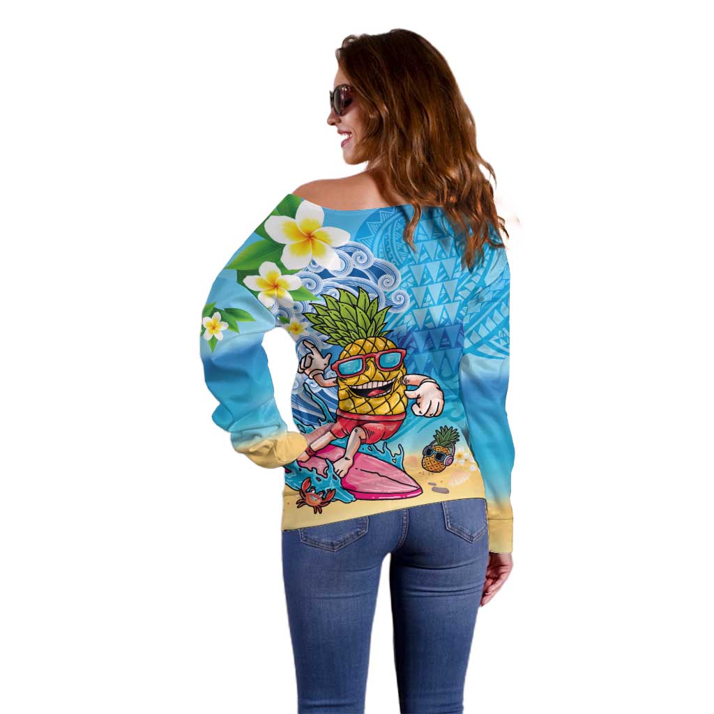 Hawaiian Funny Pineapple Surfing Off Shoulder Sweater Beach with Tribal Kakau and Plumeria LT03 - Polynesian Pride