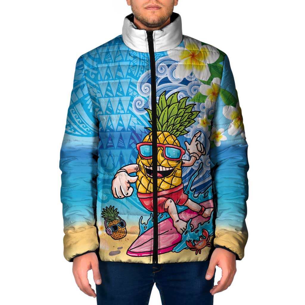 Hawaiian Funny Pineapple Surfing Padded Jacket Beach with Tribal Kakau and Plumeria LT03 Men Multicolor - Polynesian Pride
