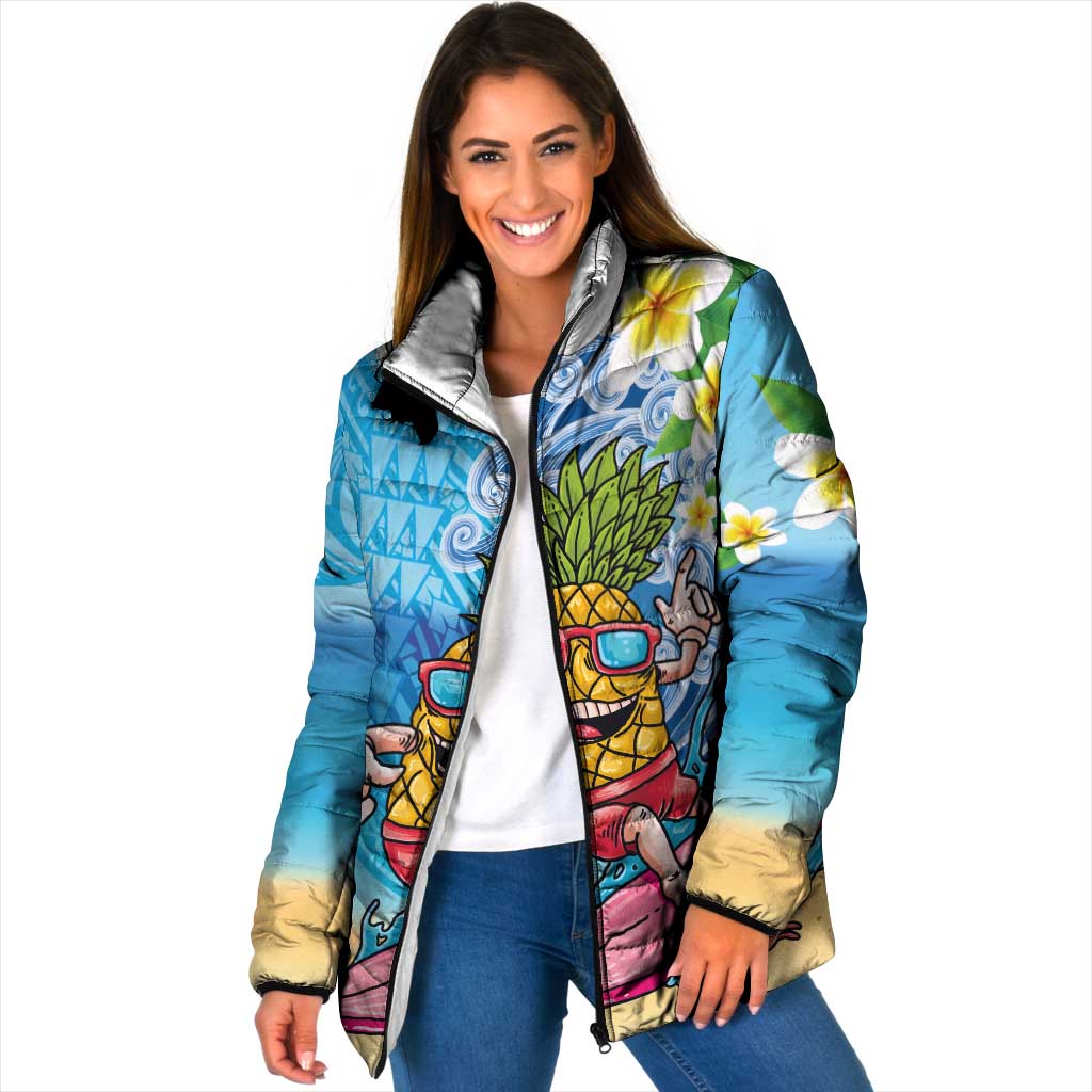 Hawaiian Funny Pineapple Surfing Padded Jacket Beach with Tribal Kakau and Plumeria LT03 Women Multicolor - Polynesian Pride
