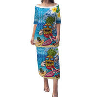 Hawaiian Funny Pineapple Surfing Puletasi Beach with Tribal Kakau and Plumeria LT03 Long Dress Multicolor - Polynesian Pride